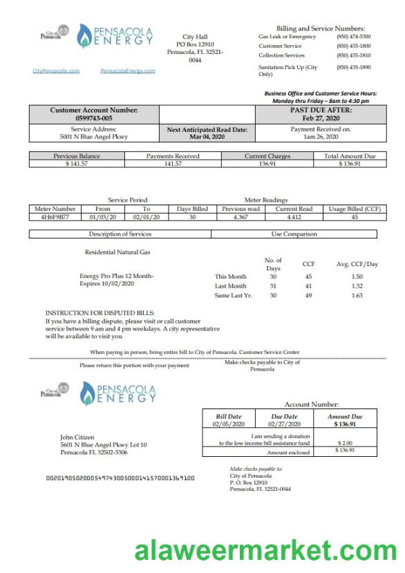 USA Florida Pensacola Energy utility bill template in Word and PDF format